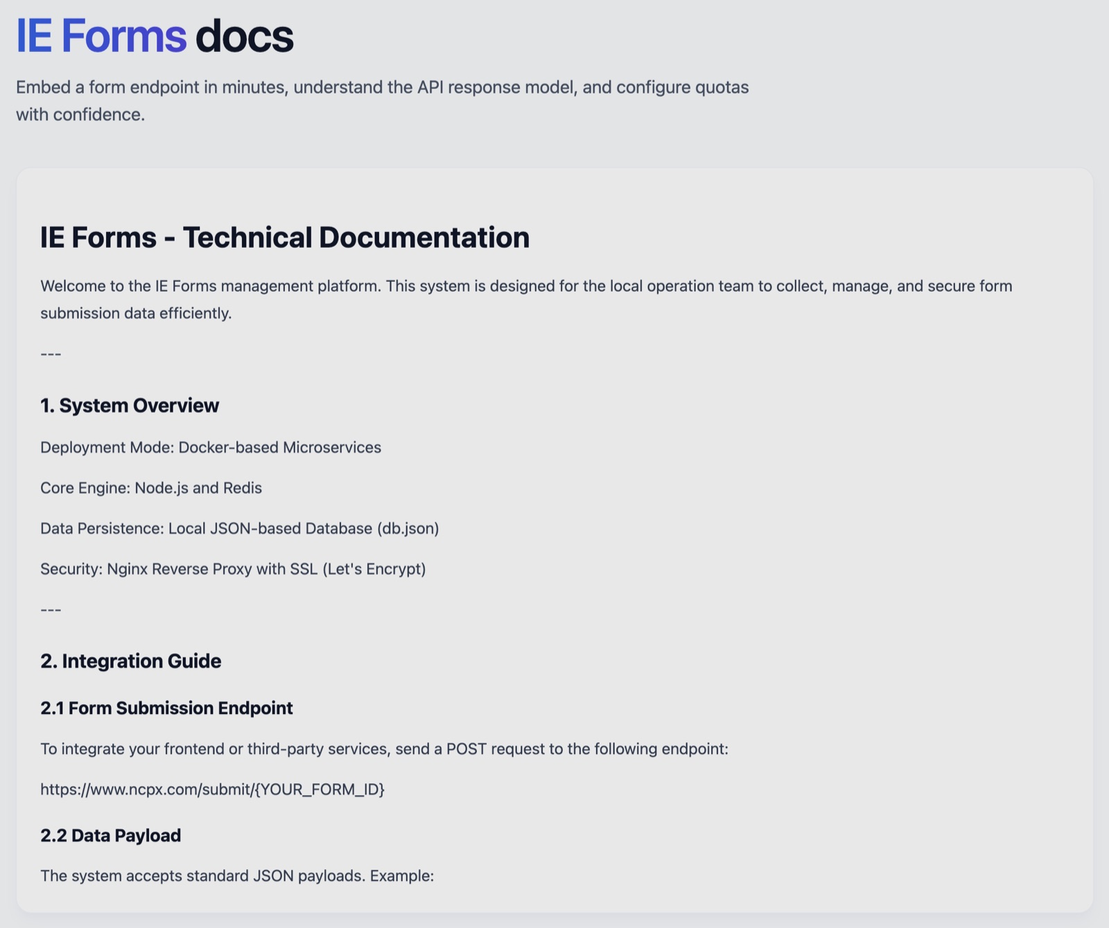 IE FORM technical documentation and form endpoint screenshot